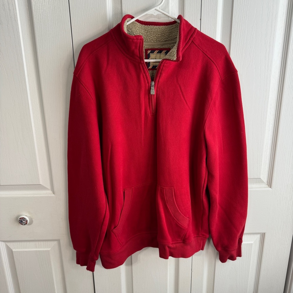 GH Bass & Co Red Quarter Zip Faux Fur Collar Lined Pullover Men's Size Large‎